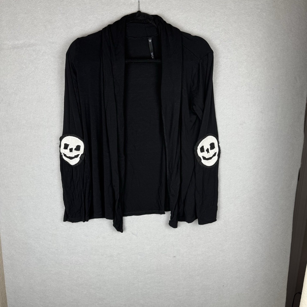 Lovestitch Skull Elbow Patch Cardigan Womens Black Goth Spooky Open Front *read